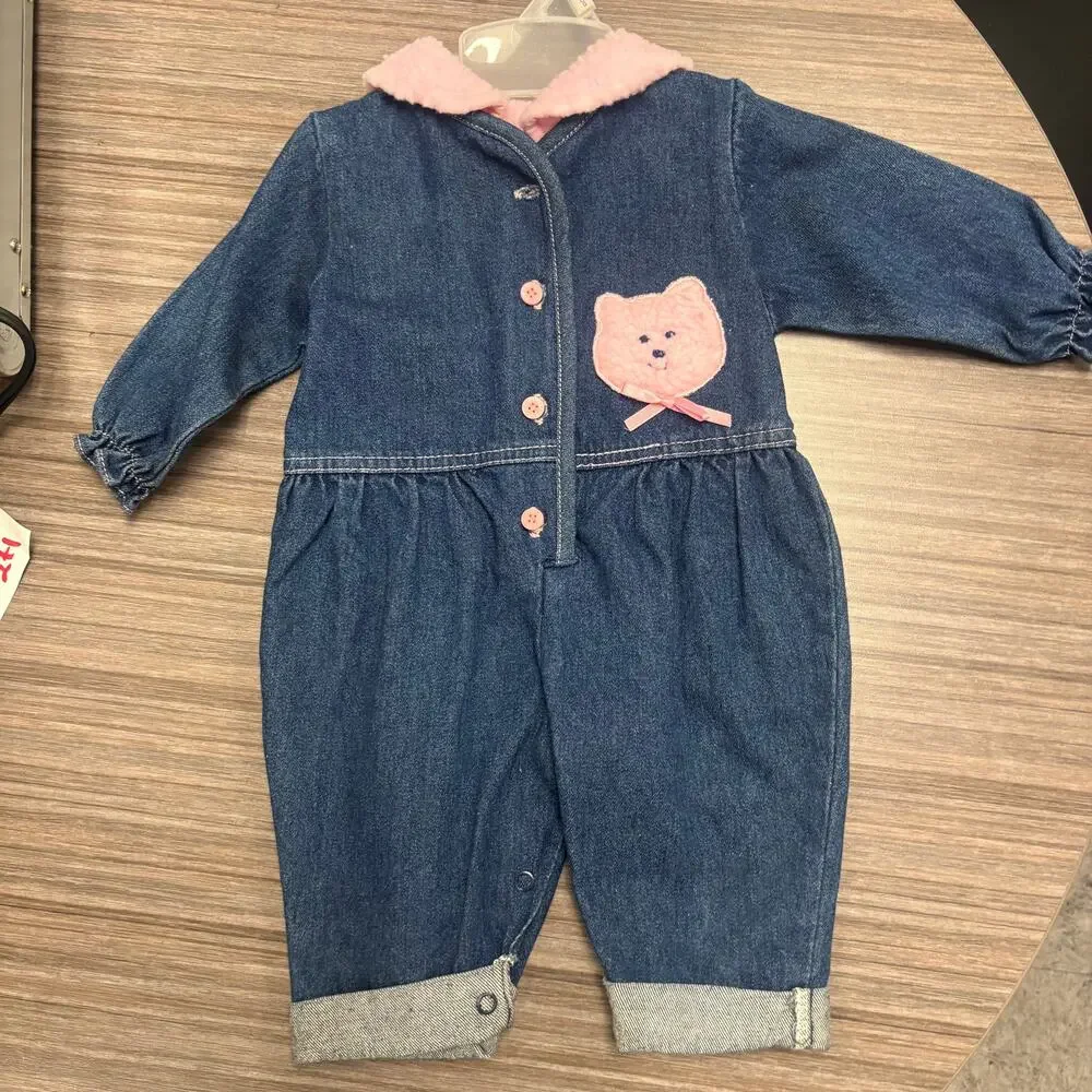 Vintage Catton Candy Denim Teddy Bear Romper 0 to 6M